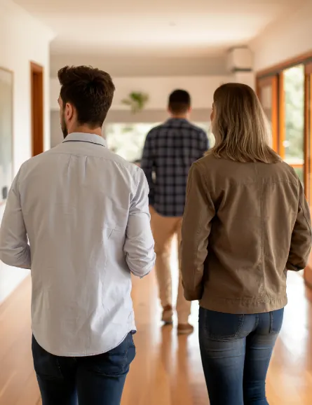 Tre persone camminano lungo il corridoio di una casa